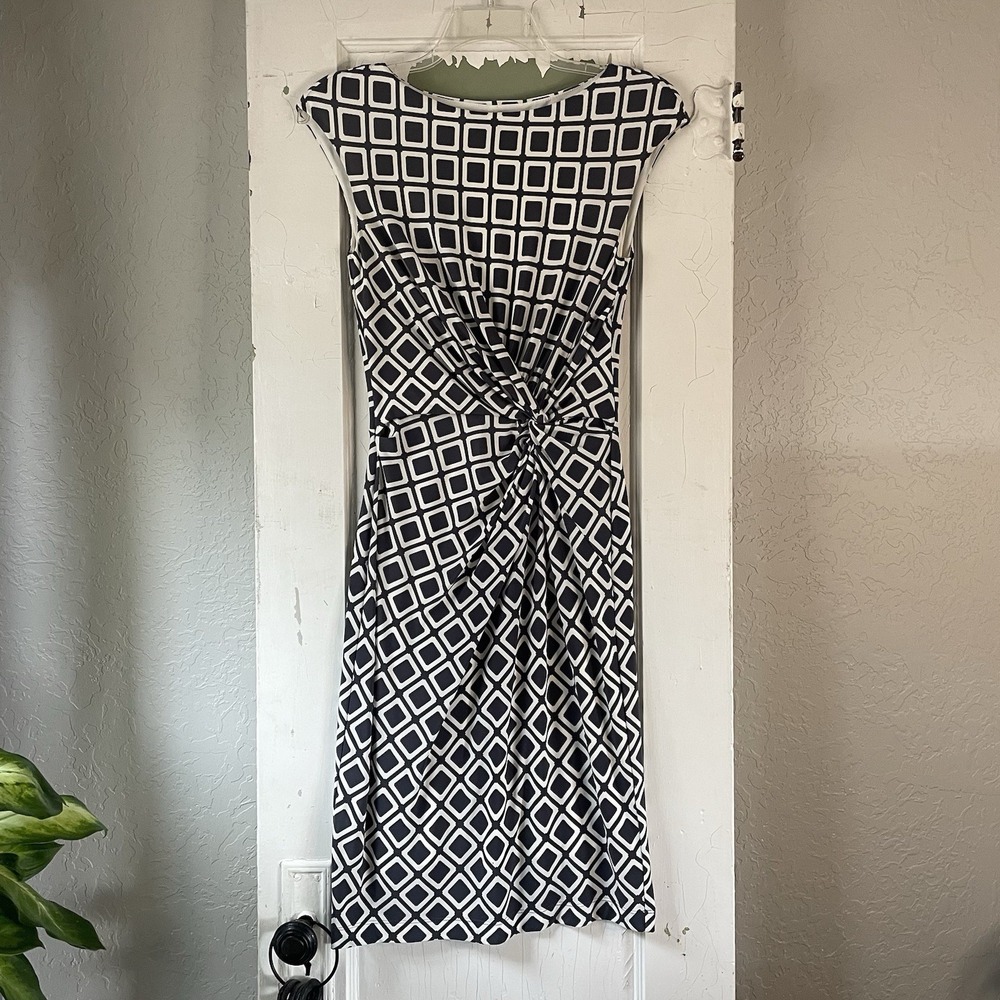 Lauren Ralph Lauren Navy‎ White Geometric Twist Front Sheath Dress Size 8